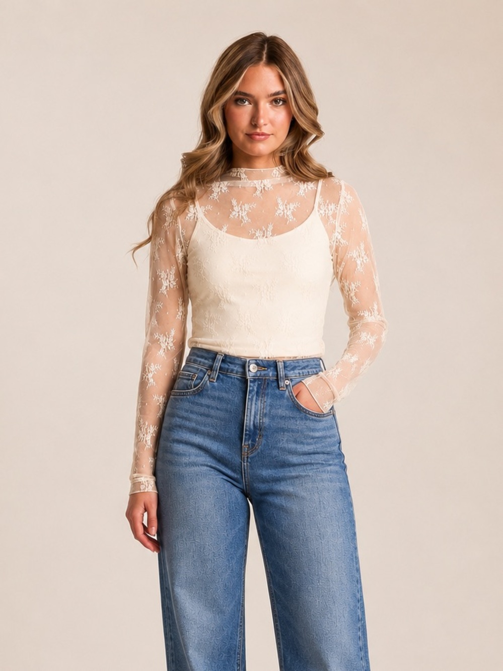 Darling Lace Ivory Cream Floral Knit Design Long-sleeve Lettuce Trim Mock Neck✨